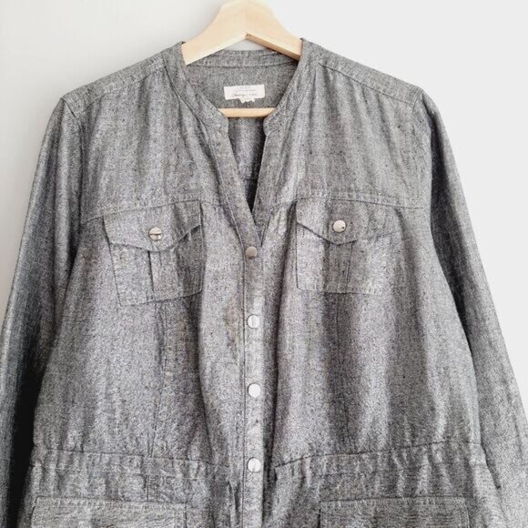 CHARTER CLUB / 100% Linen Utility Sleeve Jacket Metallic Silver Gray Sz L Petite - Picture 2 of 14